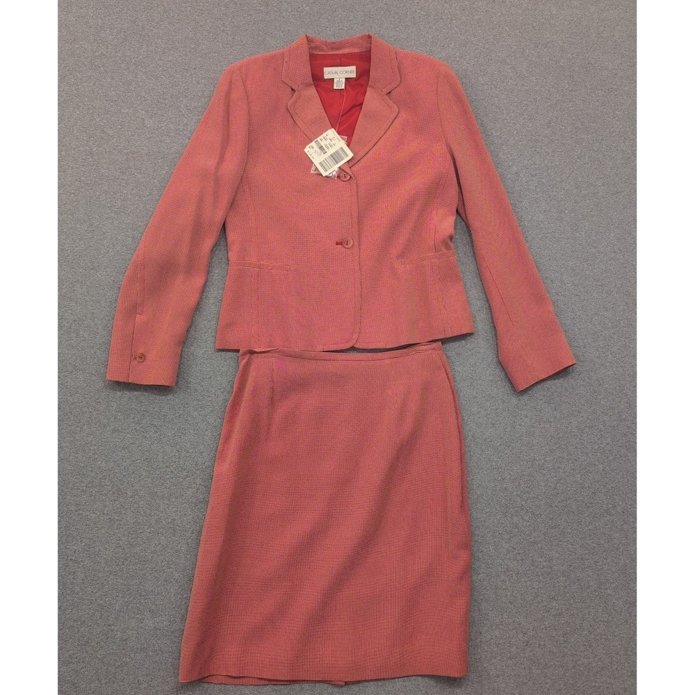 Casual Corner Womens Red Gingham Two Piece Suit Blazer‎ Skirt Set Size 6 NWT